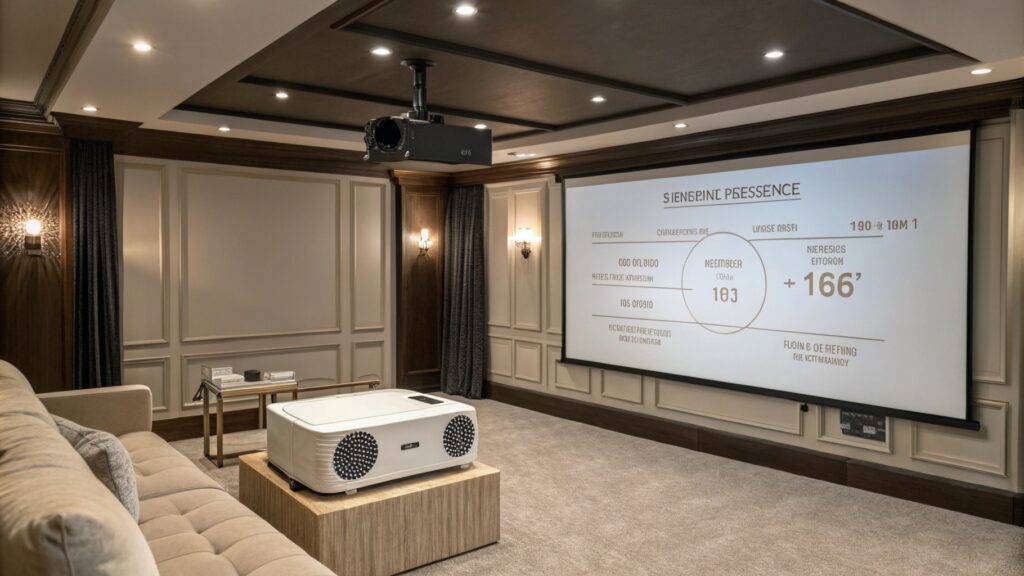 Luxury home theater with beige sofa, large projector, and elegant wall panels.