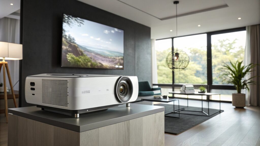 Modern living room with projector, large windows, and natural lighting.