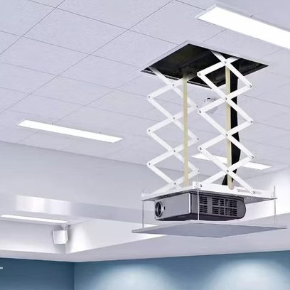 Motorized AV lift installed on conference room ceiling for efficient display and storage.