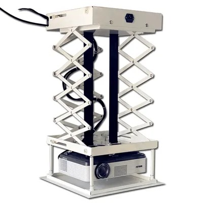 Motorized projector lift with a scissor lift mechanism for ceiling mounting.