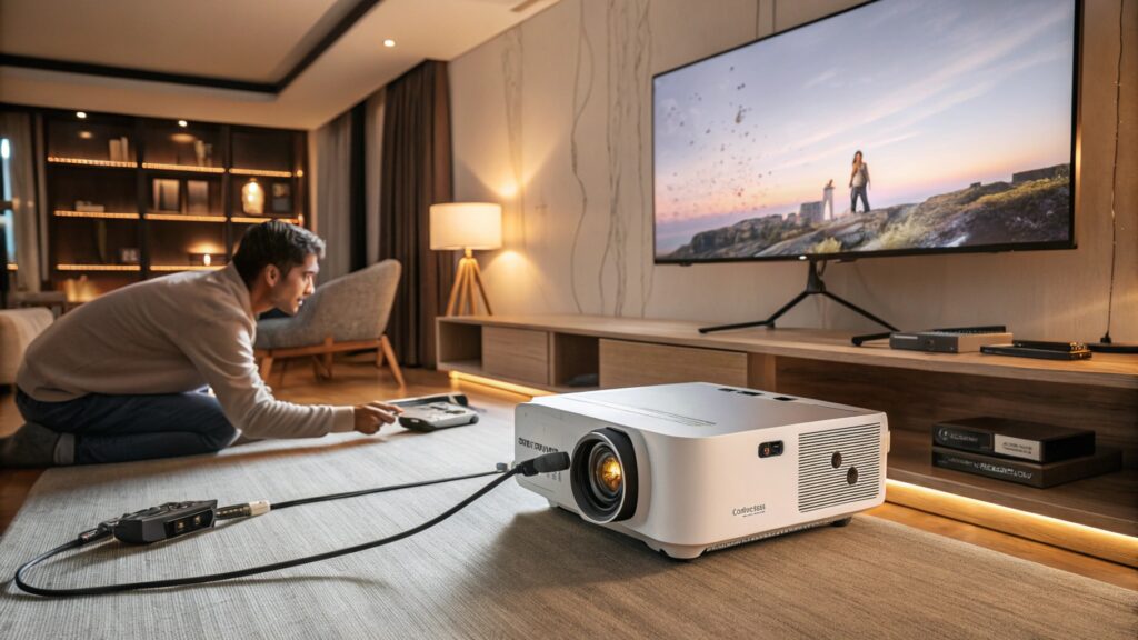 Man setting up a projector in a cozy living room with a large TV.