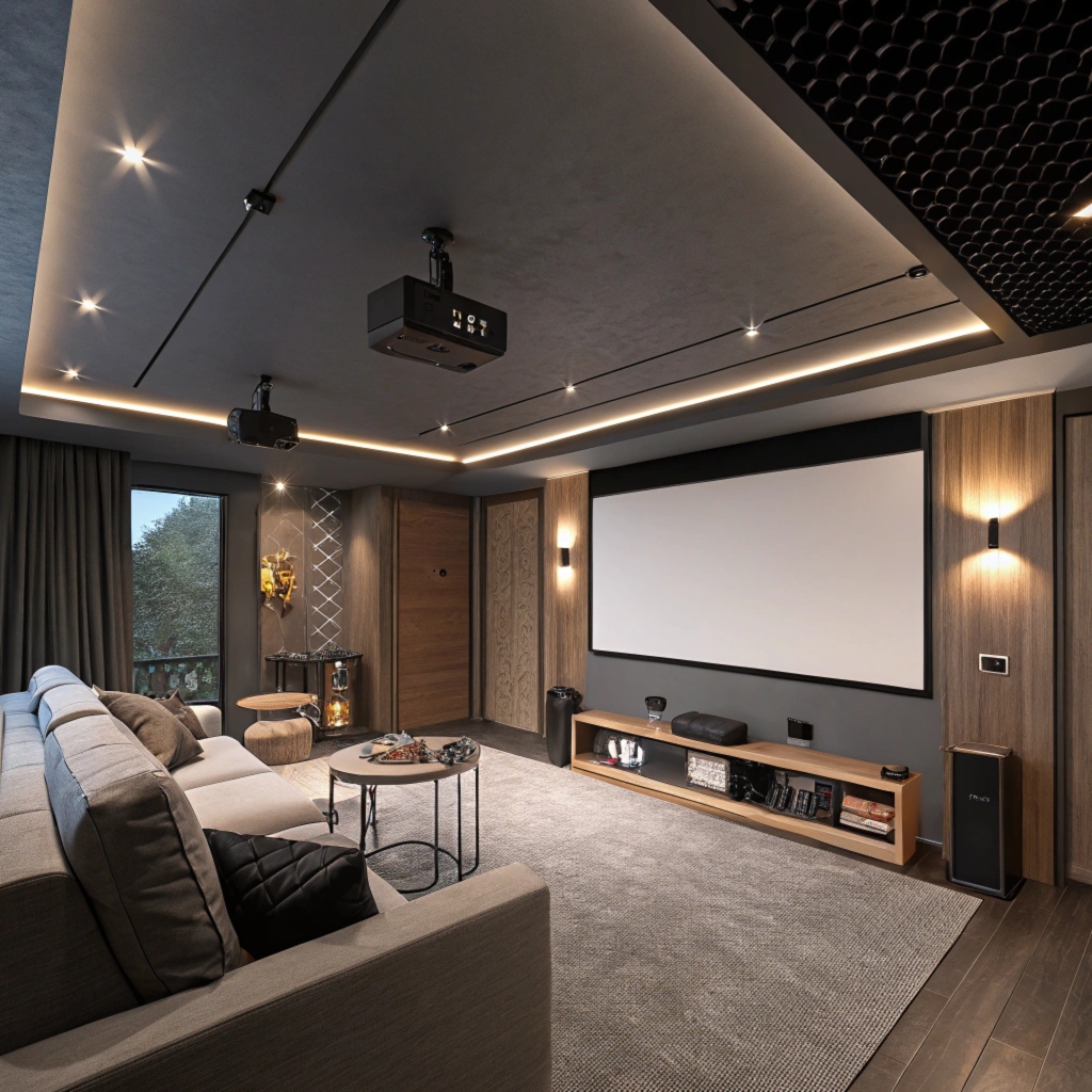 Modern home theater with ceiling projectors, cozy seating, and a large projection screen.