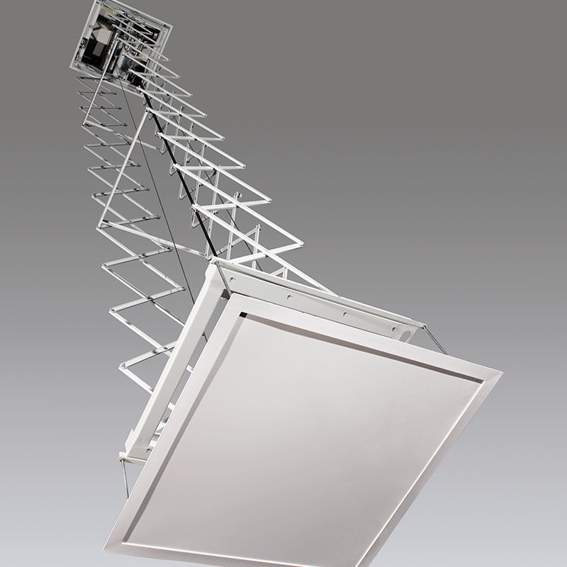 Motorized ceiling access panel with an extended scissor-lift mechanism.