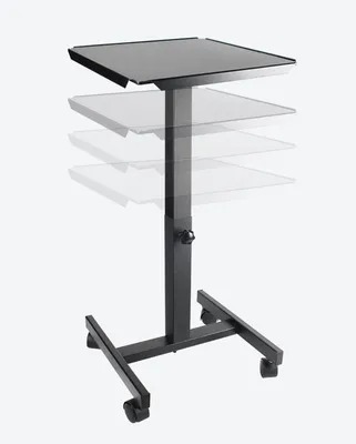 A black mobile stand with adjustable height and wheels.