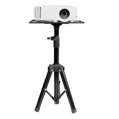 A white projector on a black adjustable tripod stand.