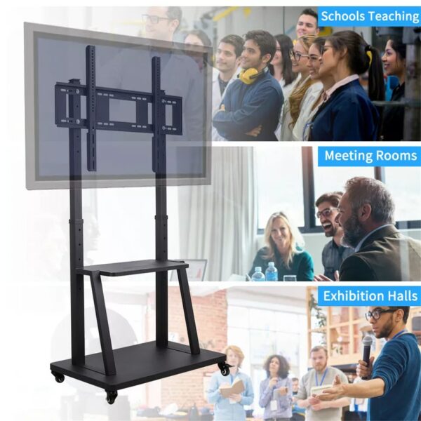 A mobile TV stand with usage examples in classrooms, meeting rooms, and exhibition halls.