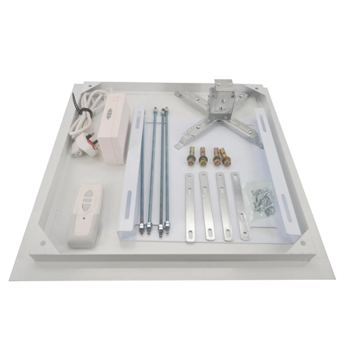 A ceiling-mount AV lift installation kit with multiple hardware components.