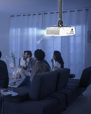 Family enjoying a movie with a ceiling-mounted projector.