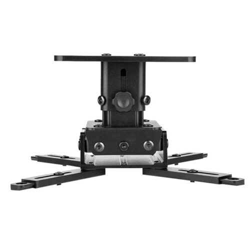 Black ceiling projector mount with adjustable universal arms.