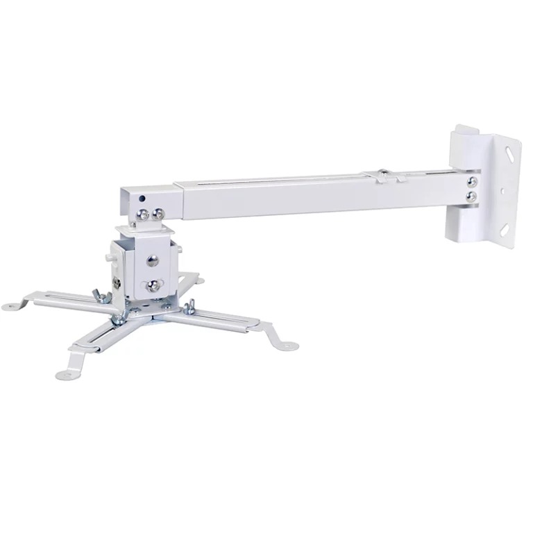 Adjustable wall-mounted projector bracket with universal attachment arms.