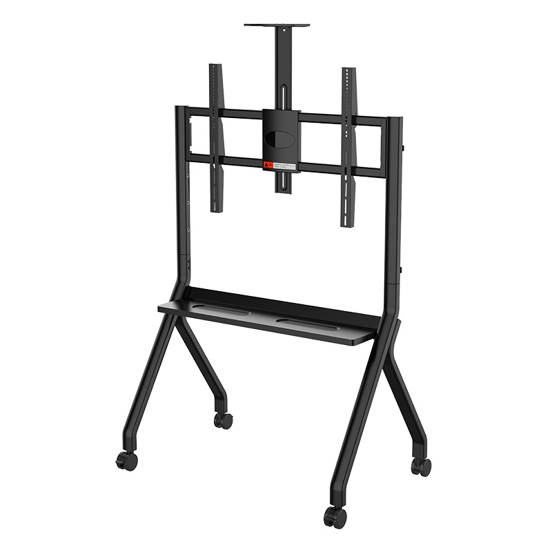 A black metal mobile TV stand with adjustable brackets, a shelf, and caster wheels.