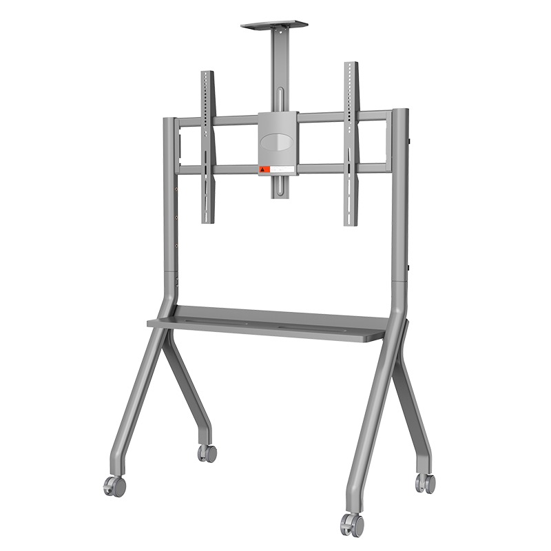 Mobile AV cart with a modern design and screen mounting system.