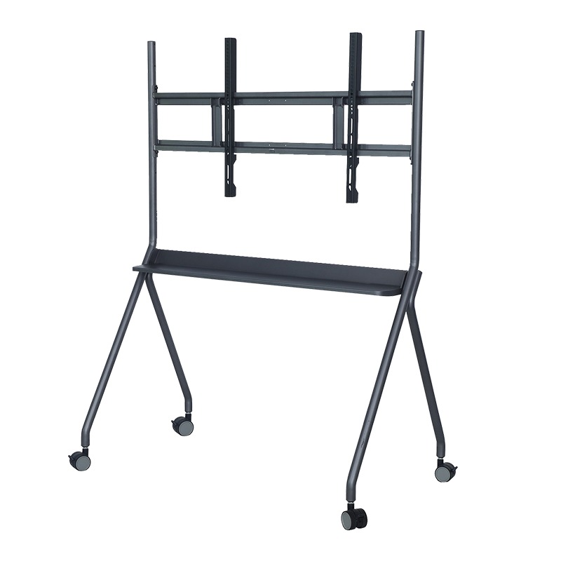 Black AV cart with a slim frame, mounting brackets, and caster wheels.