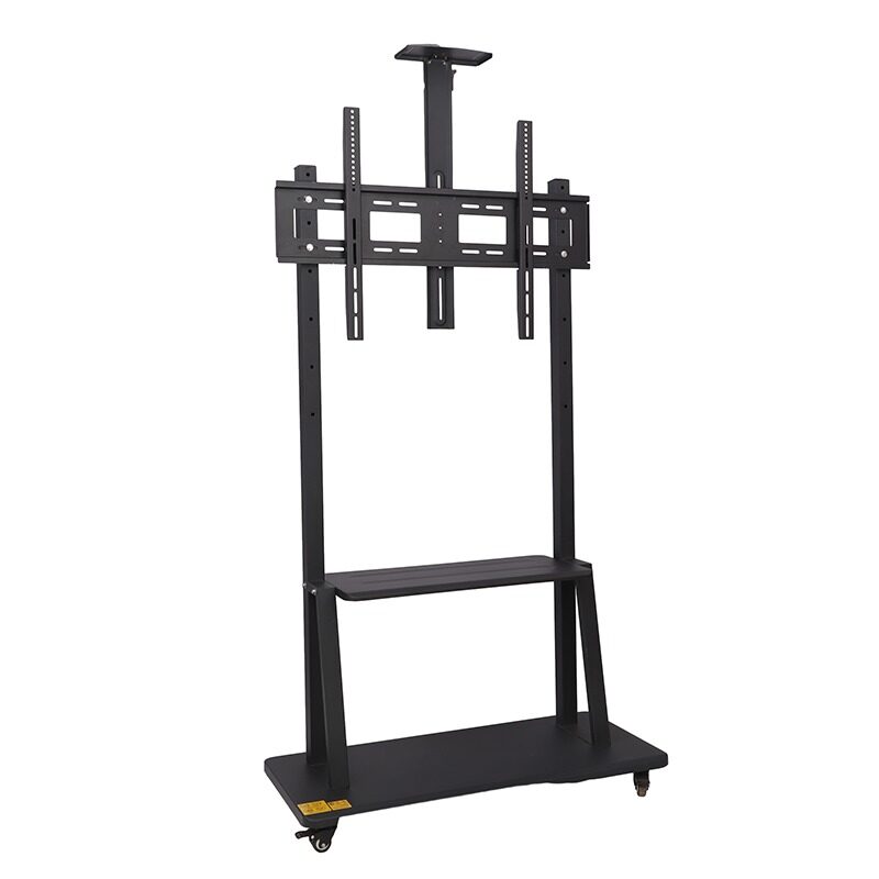 Black AV cart with adjustable mounting brackets and a sturdy base.