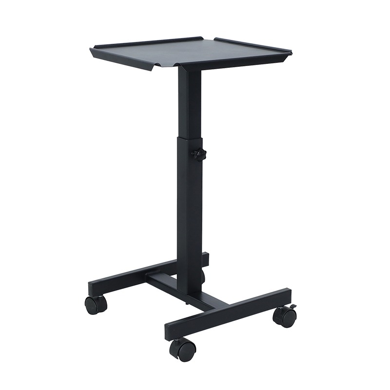 Compact black projector cart with an adjustable height and caster wheels.