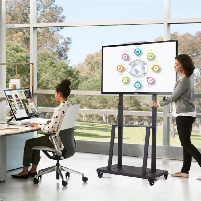 Office setting with a mobile AV cart displaying a business infographic.