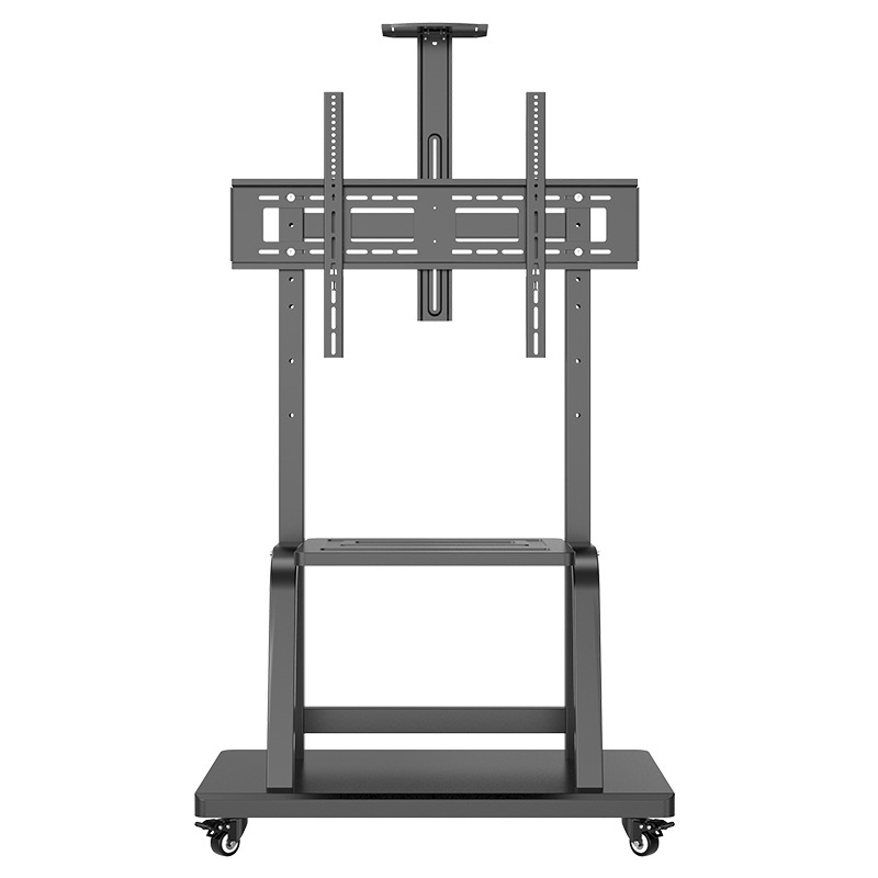 A robust black mobile TV stand with an adjustable mounting bracket and wheels.