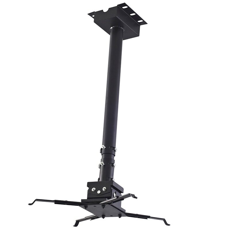 Black ceiling projector mount with adjustable arms.