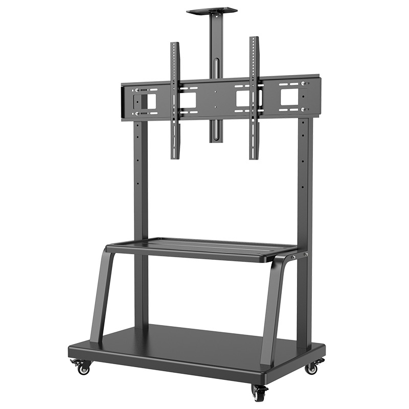 Sturdy black AV cart with mounting brackets and a shelf.