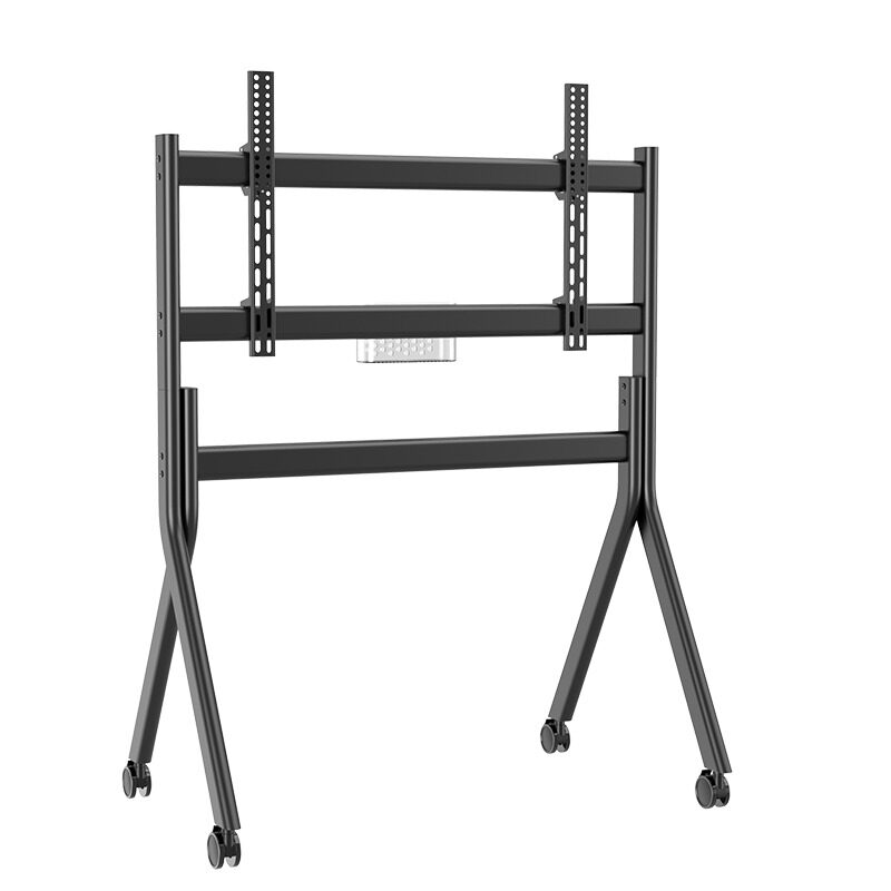 Black AV cart with a minimalist design and mounting brackets.