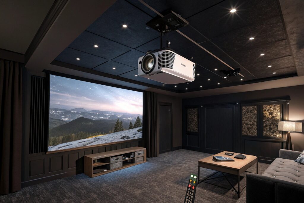 Luxurious home theater with a ceiling-mounted projector displaying a mountain landscape on a large screen, dark paneling, gray tufted sofa, wooden coffee table, and modern entertainment console, ideal for cinematic experiences.