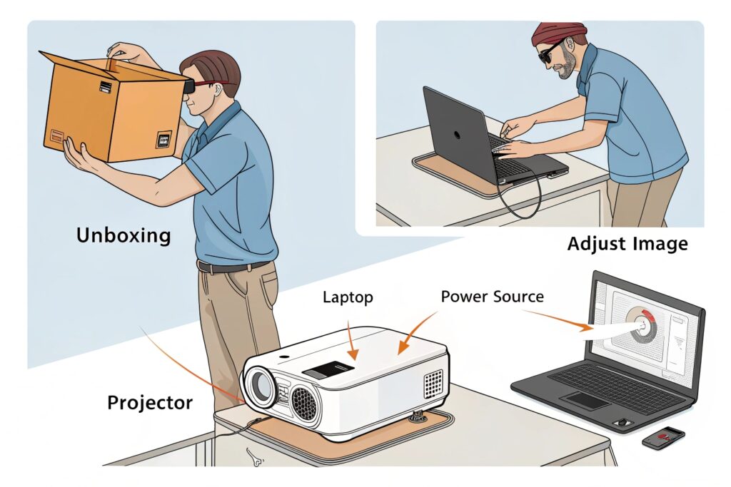 Illustrated guide showing a person unboxing a projector and another adjusting the setup on a table with a laptop displaying an image adjustment interface, including labeled components like projector, laptop, and power source, ideal for tech setup and presentation preparation.