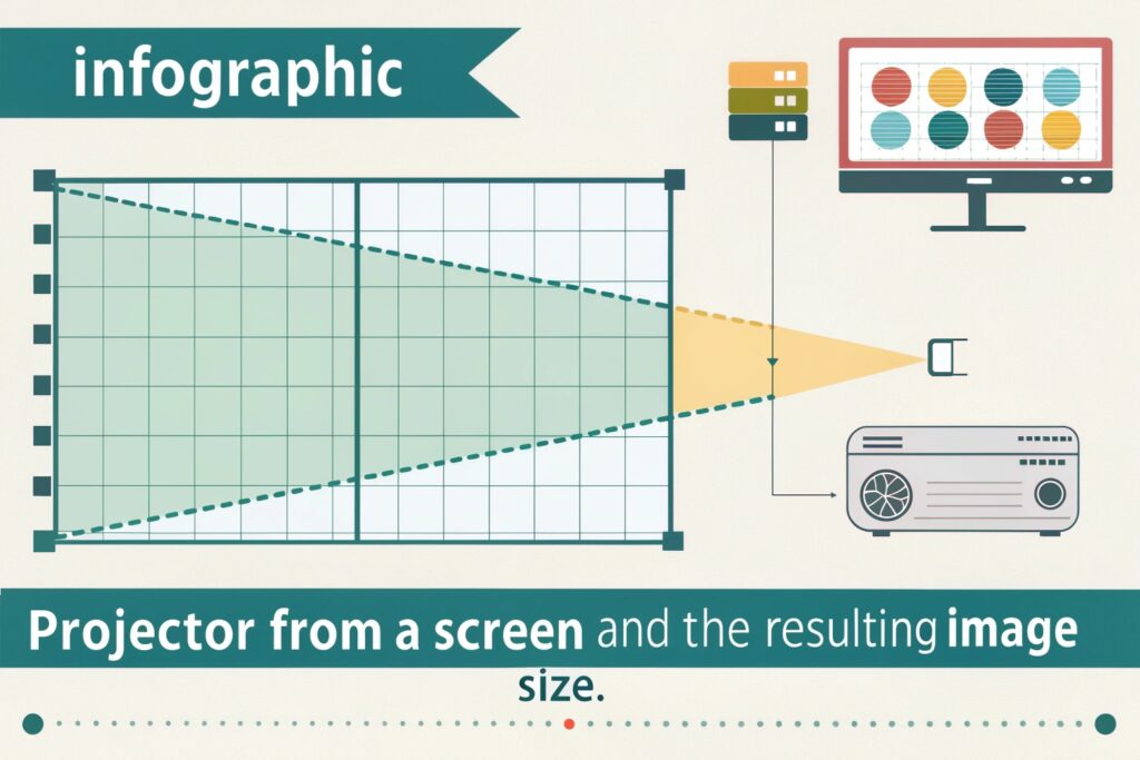 Infographic showing a projector casting an image onto a grid screen, illustrating the relationship between distance and image size, with a projector, grid screen, projection beam, and computer monitor displaying data visualizations, on a beige background with a teal banner.