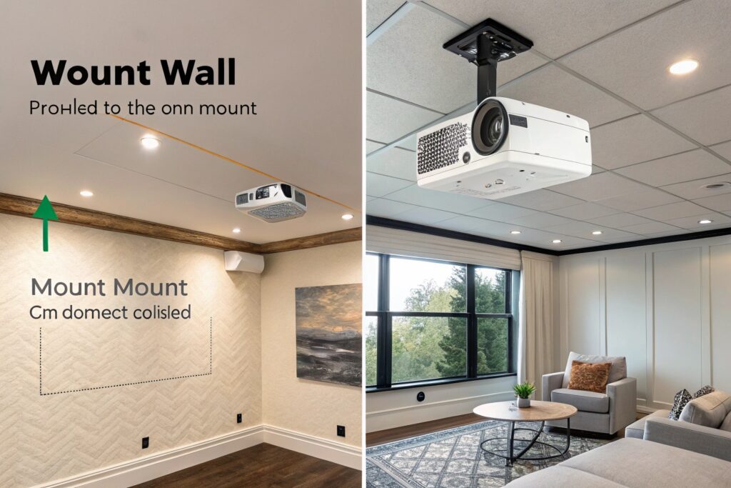 Split-image of a wall-mounted projector on a herringbone wall with a wooden beam and a ceiling-mounted projector in a room with a gray couch, armchair, coffee table, large windows, modern decor, and recessed lighting, ideal for home theater installations.